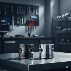 Comparación entre pistón desgastado y pistón nuevo sobre mesa de taller automotriz representando la importancia de elegir refacciones de calidad.