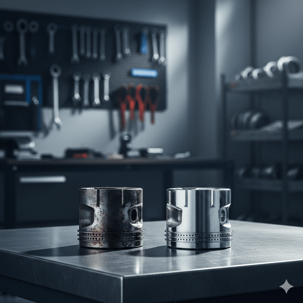 Comparación entre pistón desgastado y pistón nuevo sobre mesa de taller automotriz representando la importancia de elegir refacciones de calidad.