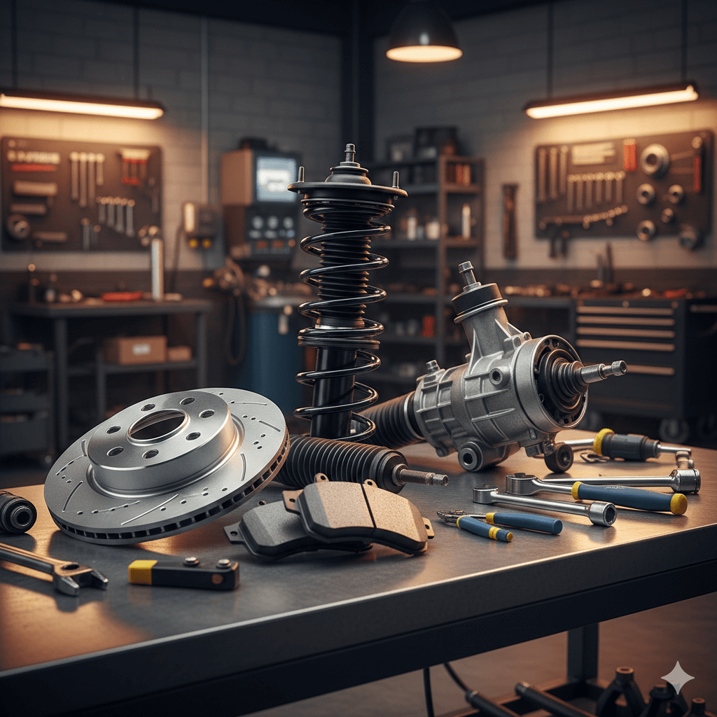Autopartes automotrices como disco de freno, balatas y amortiguador organizadas en mesa de taller representando compatibilidad de refacciones.