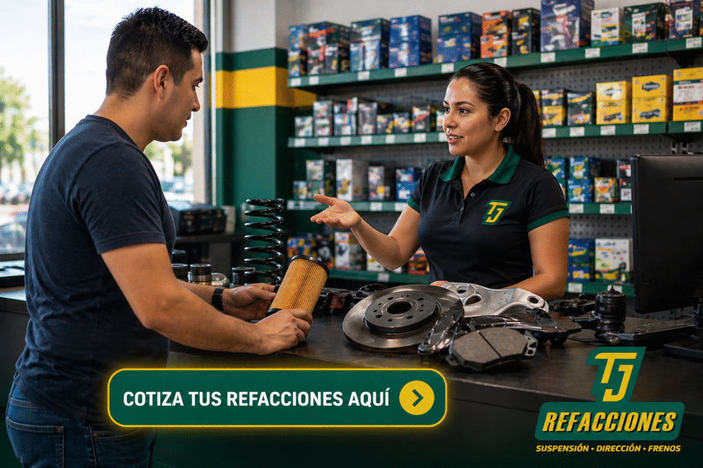 Refaccionaria automotriz con cliente cotizando autopartes en mostrador