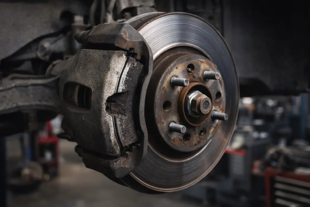 Disco y balatas de freno con desgaste visible