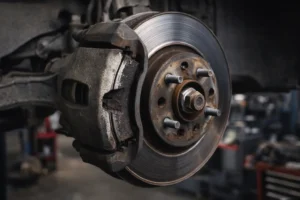 Disco y balatas de freno con desgaste visible