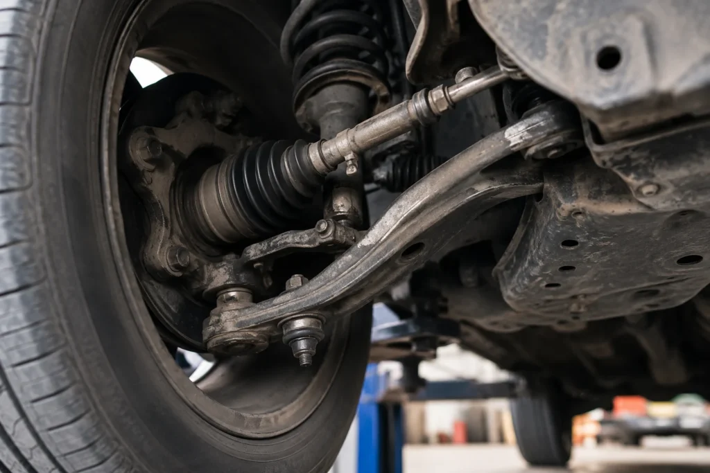 Componentes de suspensión y dirección automotriz con desgaste visible en taller mecánico