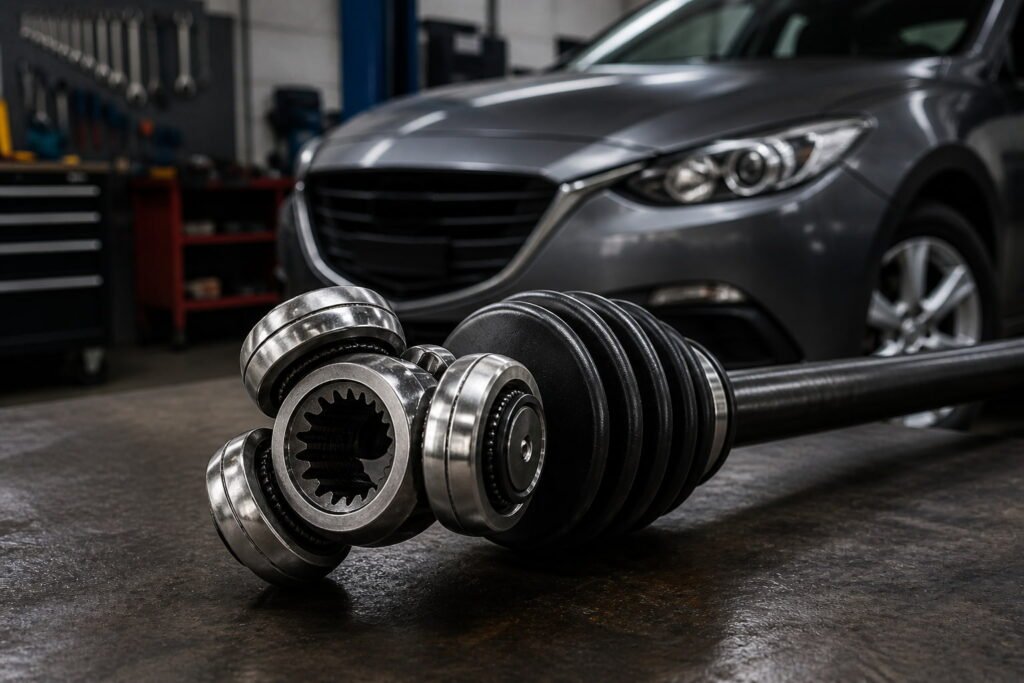 Triceta Mazda 3 en taller automotriz mostrando pieza de transmisión y eje con desgaste visible
