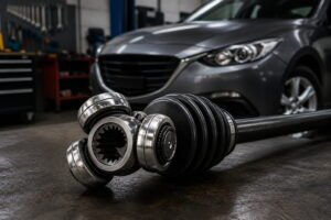 Triceta Mazda 3 en taller automotriz mostrando pieza de transmisión y eje con desgaste visible